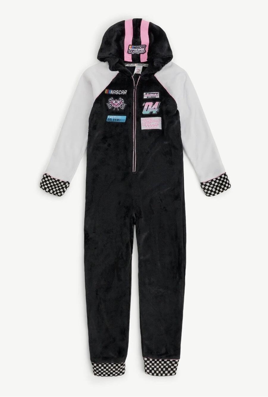 NWT NASCAR+Justice Girls S(7/8) Blk One Piece Hooded Jumpsuit Unionsuit Pajamas